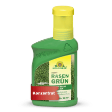 Azet RasenGrün de Neudorff Shop se présente dans une bouteille en plastique verte (90% recyclé), bouchon jaune, image d'herbe, et est un concentré de soins pour pelouse pour 10 m², promettant une pelouse vert vif en seulement 4 jours.