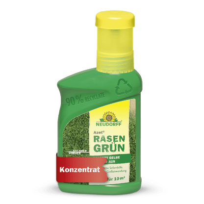 Azet RasenGrün de Neudorff Shop se présente dans une bouteille en plastique verte (90% recyclé), bouchon jaune, image d'herbe, et est un concentré de soins pour pelouse pour 10 m², promettant une pelouse vert vif en seulement 4 jours.