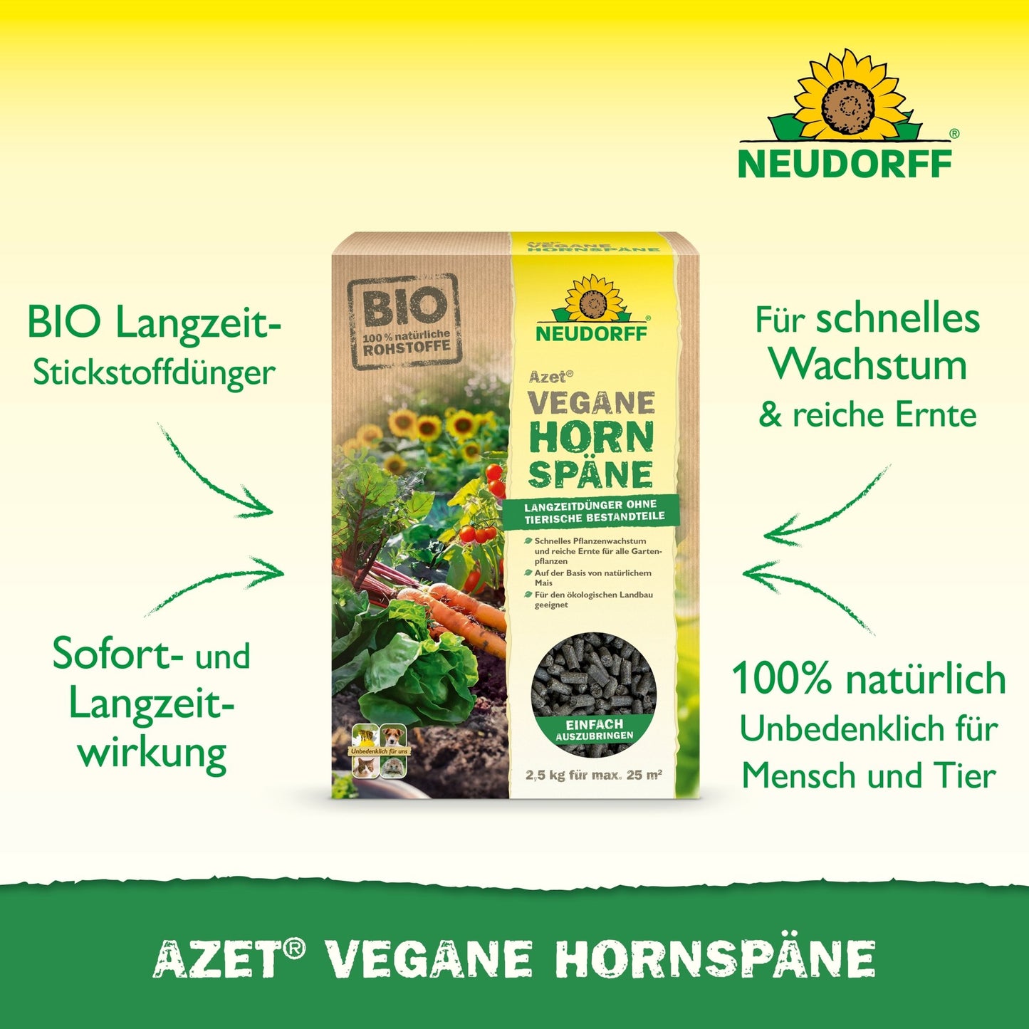 Azet Vegane Hornspäne de Neudorff Shop est illustré sur un fond vert, avec un texte vantant les propriétés biologiques, véganes, à action prolongée et 100% naturelles pour une croissance sécurisée des plantes.