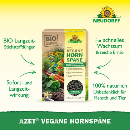 Azet Vegane Hornspäne de Neudorff Shop est illustré sur un fond vert, avec un texte vantant les propriétés biologiques, véganes, à action prolongée et 100% naturelles pour une croissance sécurisée des plantes.