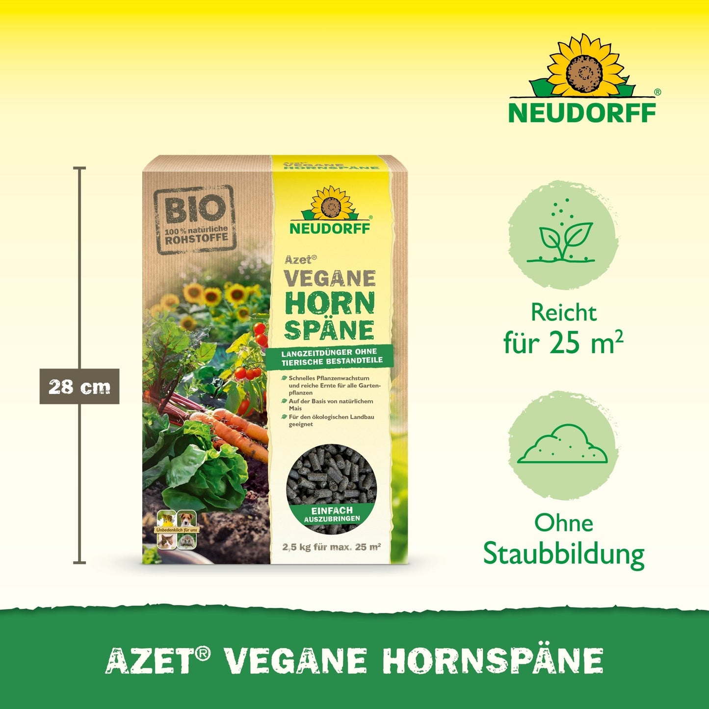 Un sac de 2,5 kg d'Azet Vegane Hornspäne de Neudorff Shop est présenté, avec des icônes pour une portée de 25 m², une application sans poussière et une hauteur de 28 cm - parfait pour une croissance durable des plantes et une récolte abondante.