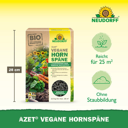 Un sac de 2,5 kg d'Azet Vegane Hornspäne de Neudorff Shop est présenté, avec des icônes pour une portée de 25 m², une application sans poussière et une hauteur de 28 cm - parfait pour une croissance durable des plantes et une récolte abondante.