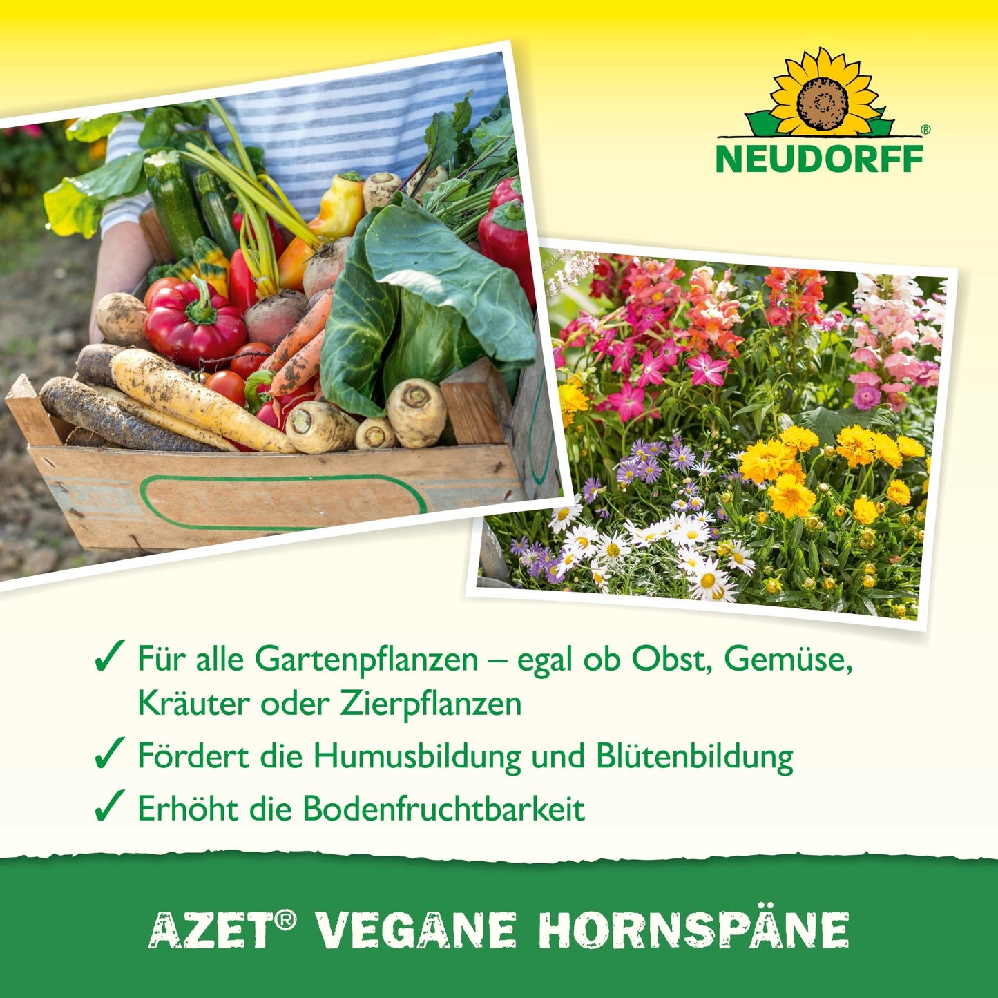 Une caisse en bois avec des légumes se trouve à côté d'un parterre de fleurs colorées. Le texte souligne comment Azet Vegane Hornspäne de Neudorff Shop, un engrais organique, soutient la croissance saine des plantes et des rendements élevés.