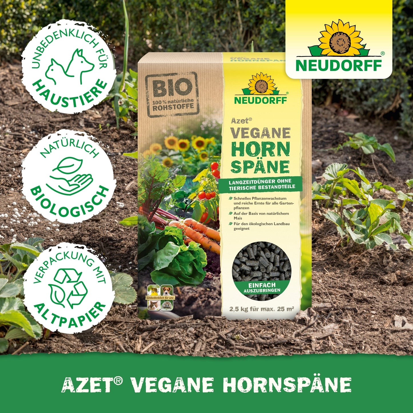 Une boîte d'Azet Vegane Hornspäne de Neudorff Shop est montrée dans un potager. Les symboles indiquent qu'elle est respectueuse des animaux, naturelle, biologique et emballée dans du papier recyclé, et favorise une croissance saine des plantes.