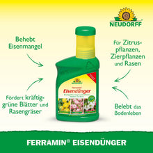 Une bouteille verte Neudorff Shop Ferramin engrais de fer se tient debout, avec un texte mettant en avant les avantages : correction des carences en fer et en azote, promotion d'une pelouse et de feuilles luxuriantes et revitalisation du sol pour diverses plantes.