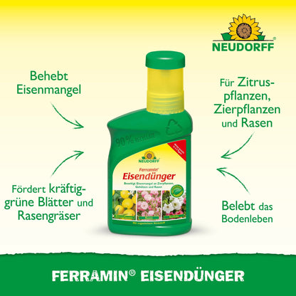 Une bouteille verte Neudorff Shop Ferramin engrais de fer se tient debout, avec un texte mettant en avant les avantages : correction des carences en fer et en azote, promotion d'une pelouse et de feuilles luxuriantes et revitalisation du sol pour diverses plantes.