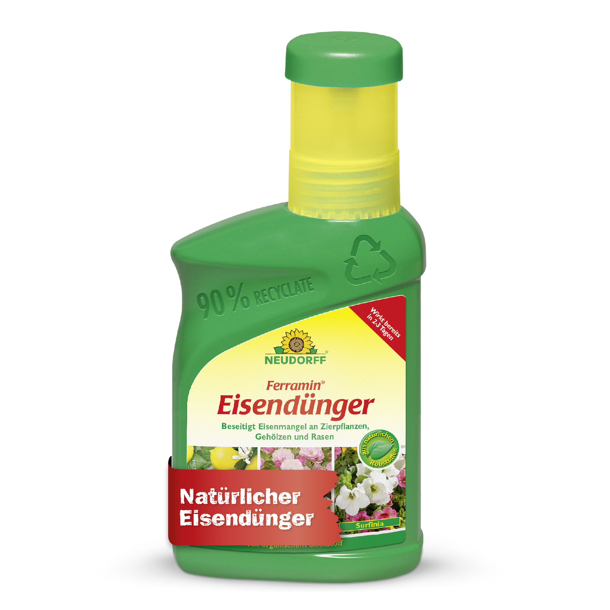 Eine grüne Kunststoffflasche Neudorff Shop Ferramin Eisendünger mit gelbem Verschluss trägt auf dem Etikett die Aufschrift "natürlicher Eisendünger" und ist als Eisendünger und Rasendünger für Zierpflanzen und Rasenflächen gegen Stickstoffmangel gedacht.