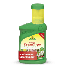 Une bouteille en plastique verte Neudorff Shop Ferramin engrais de fer avec un bouchon jaune porte sur l'étiquette l'inscription "engrais de fer naturel" et est destinée comme engrais de fer et engrais pour pelouse pour plantes ornementales et pelouses contre la carence en azote.