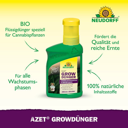Une bouteille verte Neudorff Shop Azet GrowEngrais est centrée sur un fond jaune, avec un texte allemand qui met en avant les ingrédients organiques et les avantages pour la croissance des plantes, idéal pour soutenir des récoltes de cannabis abondantes.