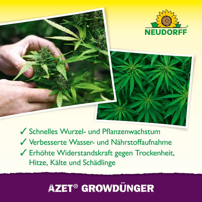 Une personne inspecte une plante de cannabis saine, mettant en avant Azet GrowEngrais de Neudorff Shop. Le texte allemand décrit la croissance améliorée et la résistance de la plante. En haut, le logo Neudorff est visible.