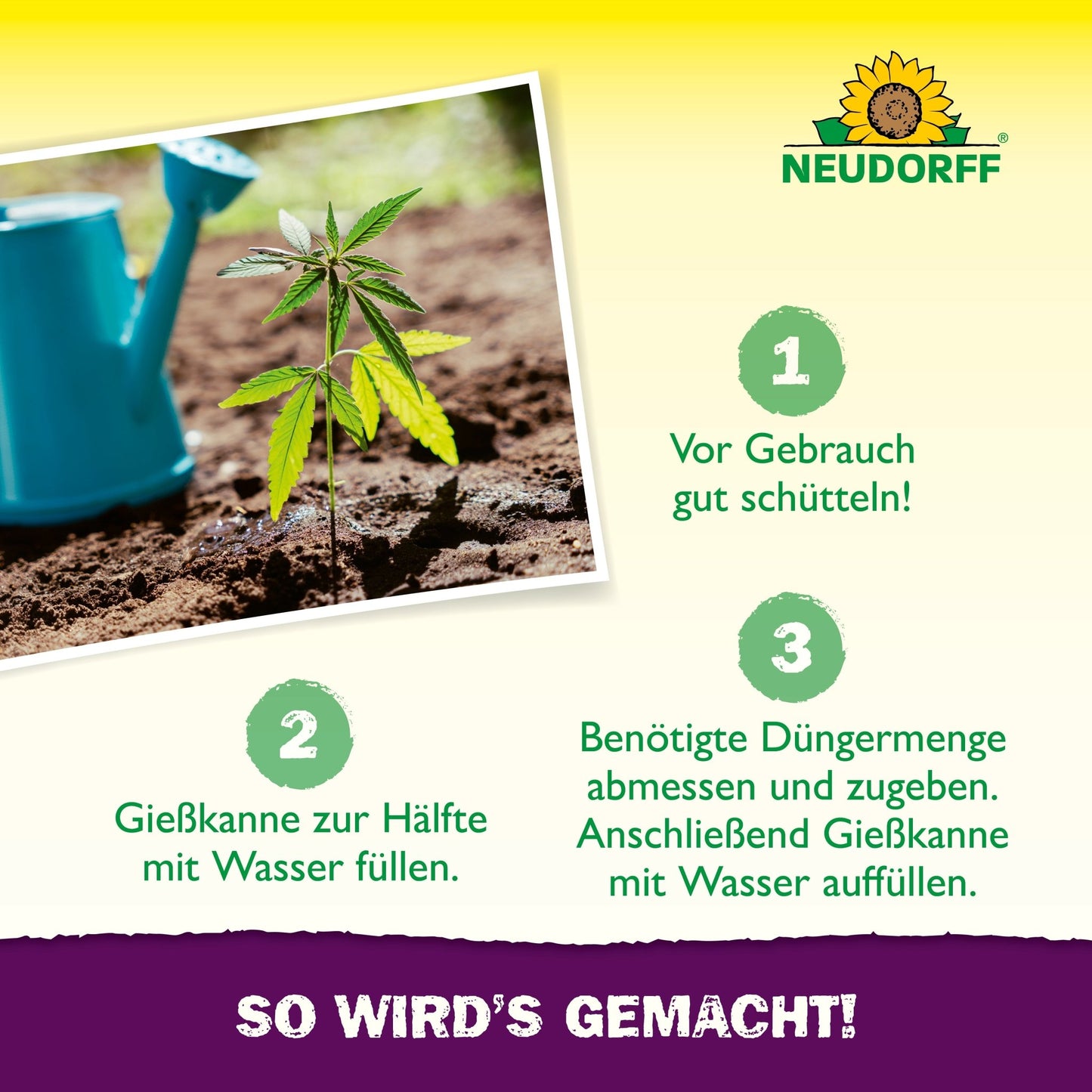 Un arrosoir bleu est assis à côté d'une petite plante de cannabis verte dans le sol. Trois étapes allemandes pour la culture du cannabis avec Azet GrowEngrais du Neudorff Shop sont illustrées, avec le logo Neudorff et "SO WIRD'S GEMACHT!" dans une bannière violette en dessous.