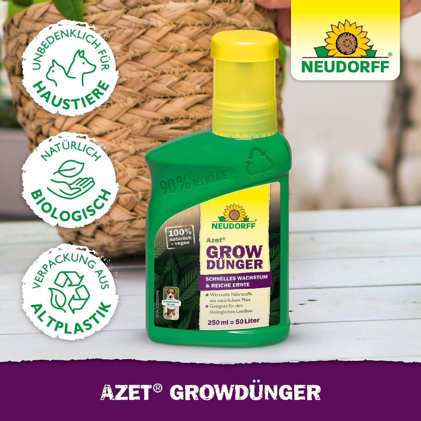 Une bouteille verte Azet GrowEngrais de Neudorff Shop repose sur une surface en bois blanc, sur laquelle sont illustrés des symboles pour la protection de l'environnement et des animaux. L'étiquette vante des ingrédients naturels, biologiques et un emballage en plastique recyclé.
