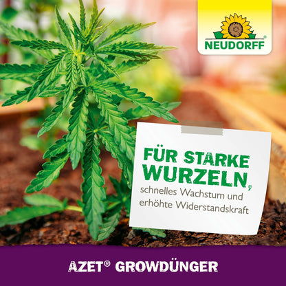 Un gros plan d'une plante de cannabis poussant dans le sol montre le logo du Neudorff Shop. Un panneau allemand met en avant des racines fortes, une croissance rapide et une résistance pour une culture de cannabis réussie. En dessous, "Azet GrowEngrais" est affiché.