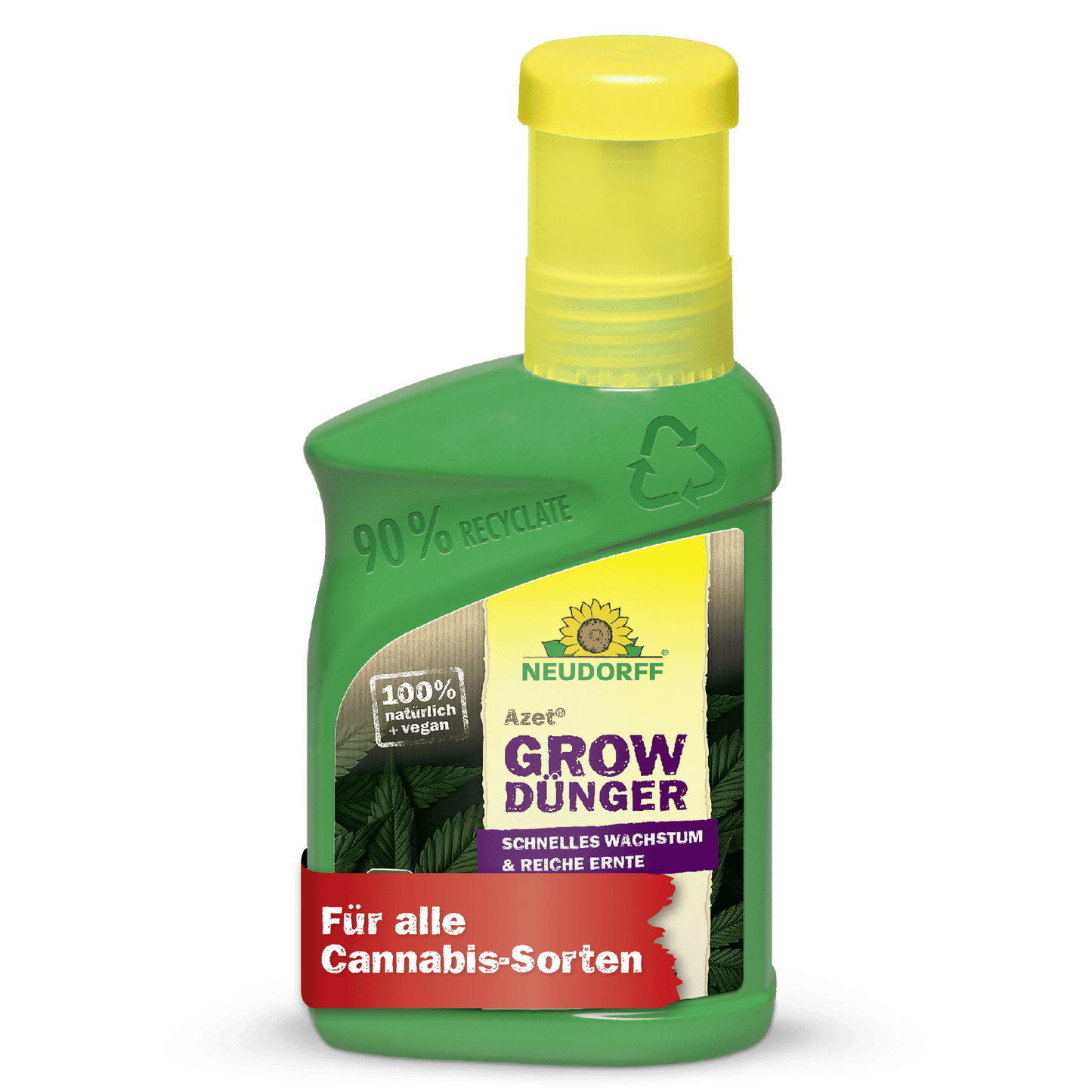 Une bouteille en plastique verte Neudorff Shop Azet GrowEngrais avec un bouchon jaune ; l'étiquette indique qu'elle est recyclée à 90%, végétalienne, 100% naturelle et parfaite pour la culture du cannabis et toutes les variétés de cannabis.