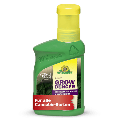 Une bouteille en plastique verte Neudorff Shop Azet GrowEngrais avec un bouchon jaune ; l'étiquette indique qu'elle est recyclée à 90%, végétalienne, 100% naturelle et parfaite pour la culture du cannabis et toutes les variétés de cannabis.