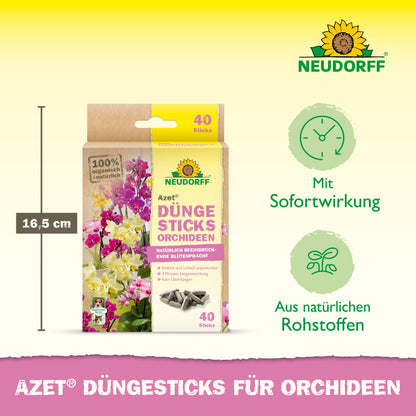 Abgebildet ist eine Packung Azet Düngesticks für Orchideen von Neudorff Shop mit 40 Sticks, sofortiger Wirkung, natürlichen Inhaltsstoffen und 16,5 cm Höhe. Exotische Blüten und die Sticks sind ebenfalls zu sehen.