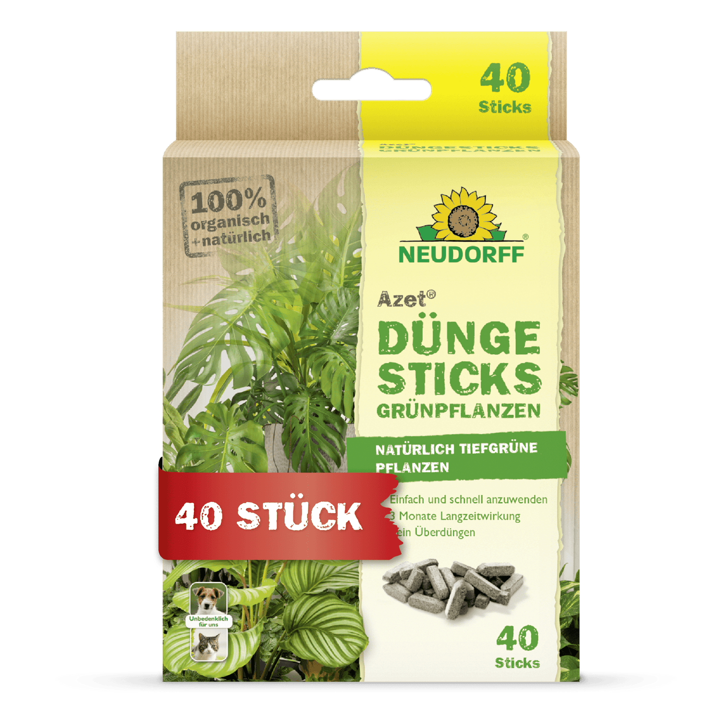 Les bâtonnets d'engrais Azet pour plantes vertes de Neudorff Shop sont livrés dans une boîte avec une image de plante, une information sur le produit et une étiquette "40 pièces". L'emballage met en avant les ingrédients 100% biologiques, naturels et la technologie de dépôt de nutriments.