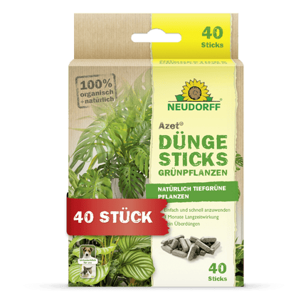 Les bâtonnets d'engrais Azet pour plantes vertes de Neudorff Shop sont livrés dans une boîte avec une image de plante, une information sur le produit et une étiquette "40 pièces". L'emballage met en avant les ingrédients 100% biologiques, naturels et la technologie de dépôt de nutriments.