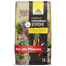 Un sac de 75 litres de NeudoHum UniversalErde du Neudorff Shop, avec des images de légumes et de fleurs, étiqueté comme sans tourbe et biologique, adapté à toutes les plantes.