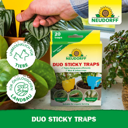 Une main place un piège adhésif Duo jaune de Neudorff Shop dans une plante en pot. Devant, sur une table entre des feuilles vertes, se trouve une boîte avec l'inscription "Neudorff Shop Duo Sticky Traps", avec des symboles pour la sécurité animale et la compatibilité biologique.