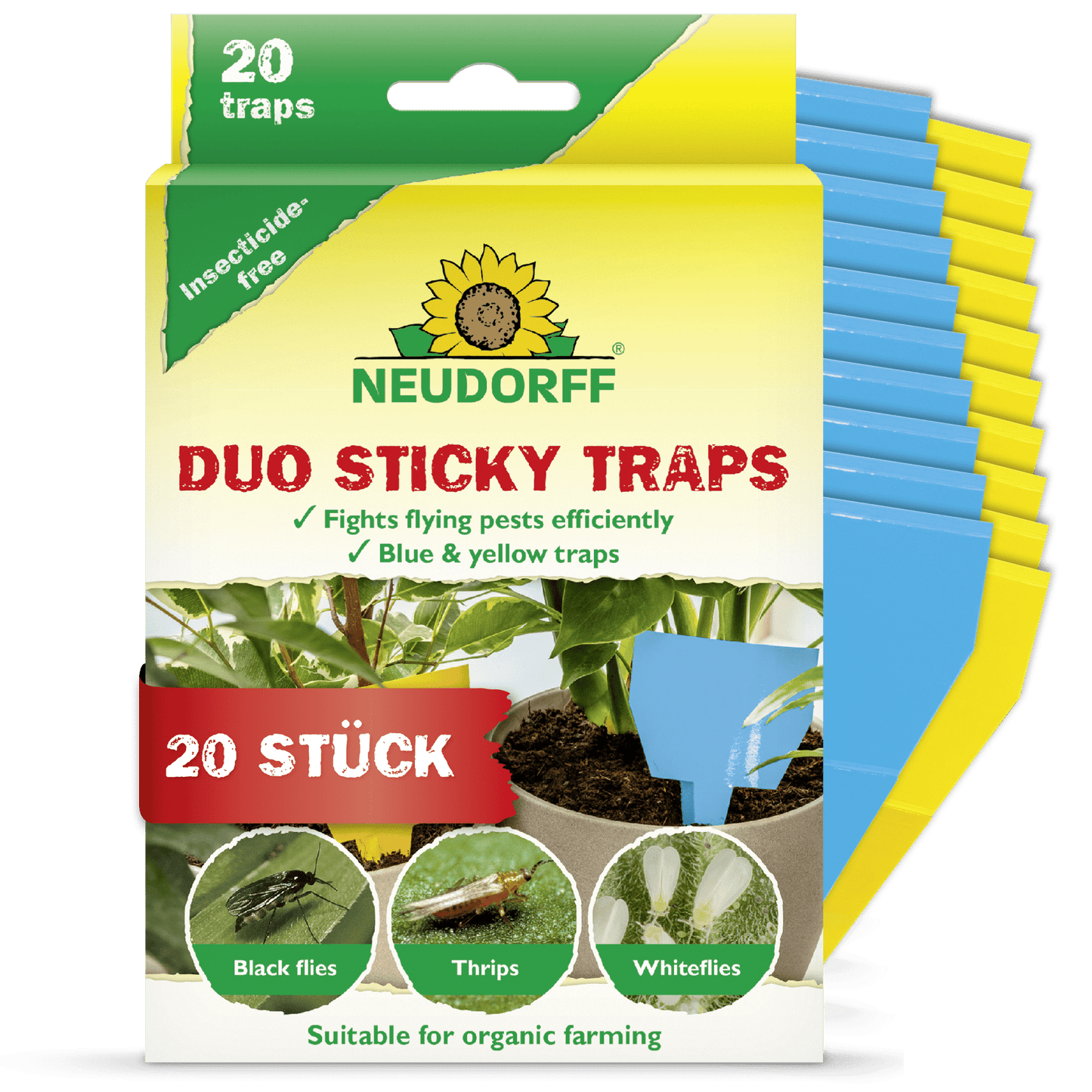 Une boîte de pièges adhésifs Duo Neudorff Shop pour l'agriculture biologique, avec des images de plantes et d'insectes sur le devant. Contient 20 pièges bleus et jaunes pour attraper les thrips, les deux couleurs de piège étant illustrées à côté de la boîte.