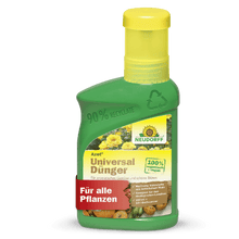 Sur une bouteille en plastique vert de Neudorff Shop Azet Engrais Universel liquide avec un bouchon jaune, sur laquelle est écrit "Pour toutes les plantes" et "100% organique vegan", des légumes et des fleurs sont illustrés, soulignant l'équilibre des nutriments.