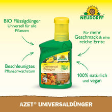 Illustrée est une bouteille vert-jaune d'Azet Engrais Universel liquide de Neudorff Shop avec un texte allemand qui met en avant la formule biologique et vegan pour une croissance plus rapide des plantes et des nutriments équilibrés pour des récoltes plus abondantes.