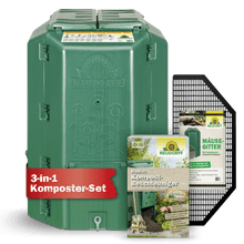 Le kit de composteur Neudorff Shop se compose d'un bac à compost vert en plastique, d'un sac d'accélérateur de compost et d'une grille de protection noire contre les rongeurs. L'étiquette rouge indique "kit de composteur 3-en-1" - idéal pour un compostage facile et un sol riche en nutriments.