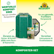 Le kit de composteur Neudorff Shop, illustré avec des accessoires de compostage, aide à produire du terreau, décompose les déchets de jardin, détruit les graines et les agents pathogènes, et contient des conseils pour créer un compost.