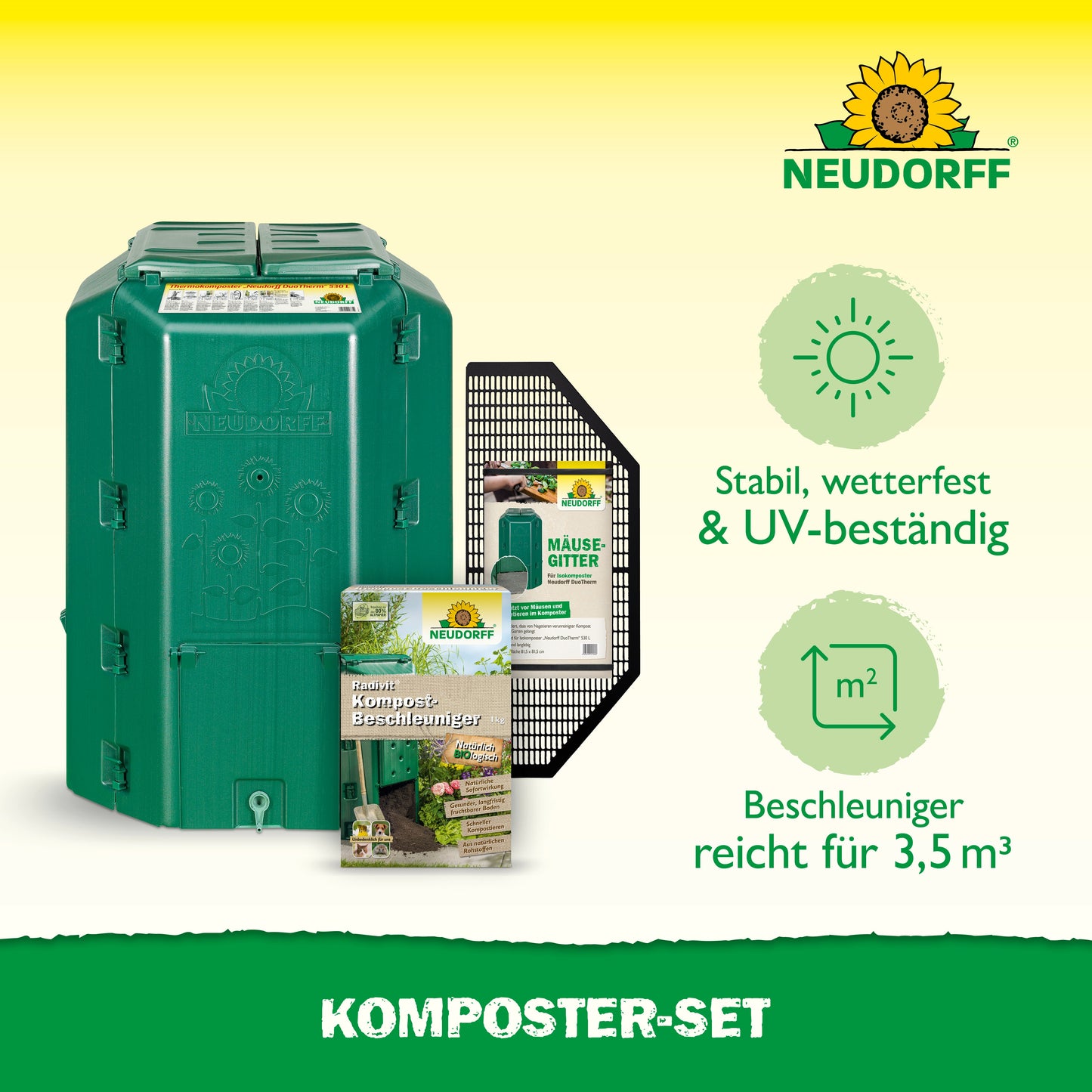 Das Neudorff Shop Komposter-Set ist eine grüne Komposttonne mit Zubehör wie Gitterplatte und Produktpaketen. Stabil, wetterfest, UV-beständig, beschleunigt er die Kompostierung und liefert Komposterde mit einem Fassungsvermögen von 3,5 m³.
