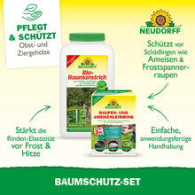 L'illustration du produit montre le kit de protection des arbres de Neudorff Shop, composé de peinture bio pour arbres et d'une ceinture de glu. Le texte met en avant les avantages tels que la défense contre les parasites, l'amélioration de l'élasticité de l'écorce et la protection fiable des plantes.