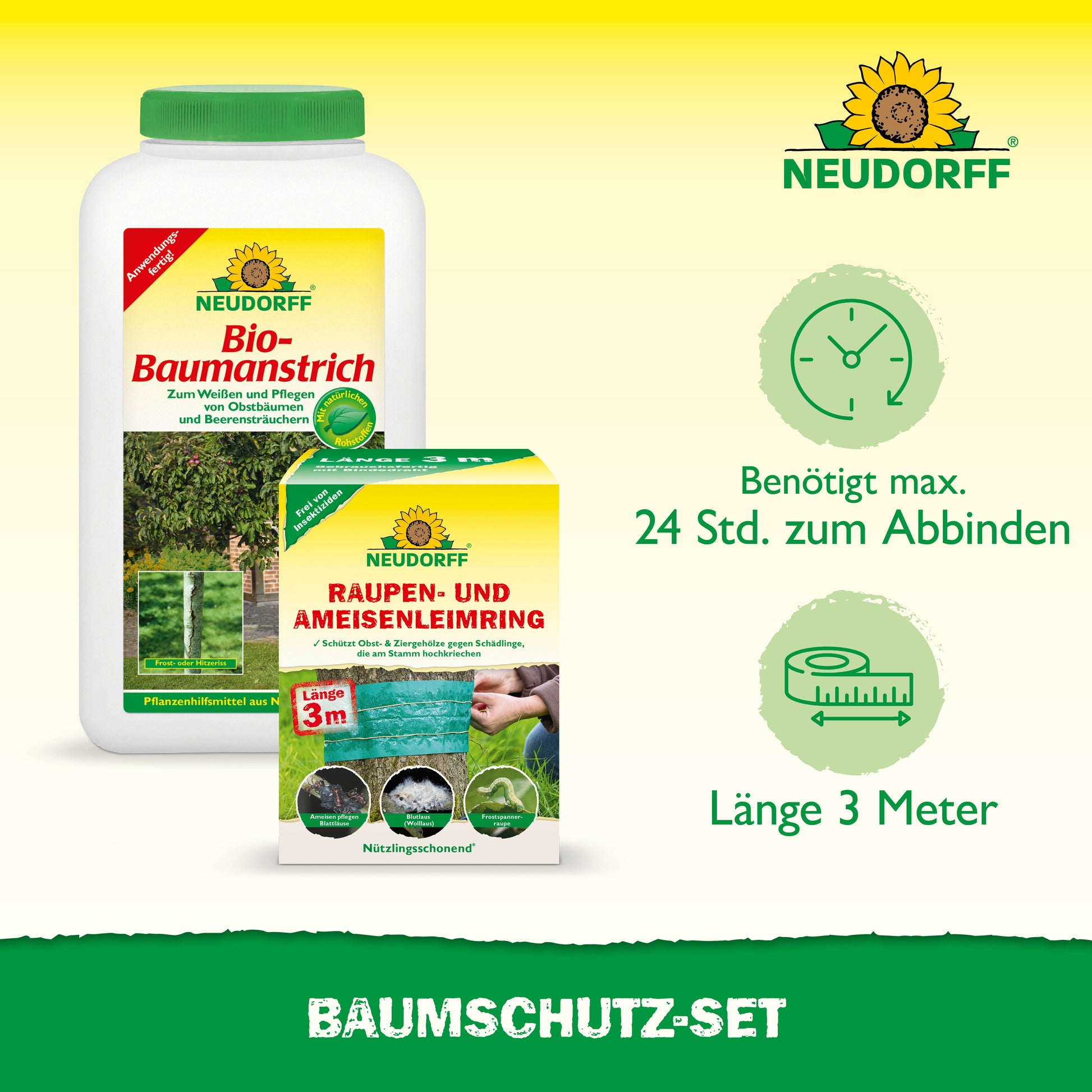 Abgebildet ist ein Neudorff Shop Baumschutz-Set, bestehend aus Bio-Baumanstrich und einem Raupen- und Ameisen-Leimring (3m). Der Text hebt den Baumschutz, den Inhalt, die Trocknungszeit und die 3-Meter-Länge des Leimrings hervor.