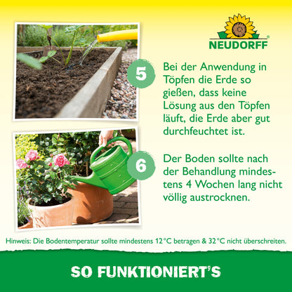 Eine Person lockert den Boden in einem Hochbeet mit einer Handharke auf, während eine andere eine Pflanze gießt. Das Neudorff Shop-Logo und die deutsche Anleitung weisen auf die Verwendung von Nützlingen gegen Dickmaulrüssler zur natürlichen Schädlingsbekämpfung hin.