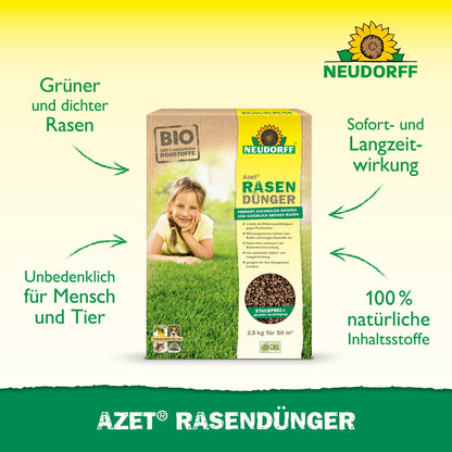 Azet Engrais Gazon 2,5-5 kg de Neudorff Shop est illustré ; des textes verts soulignent "100% d'ingrédients naturels" et "effet immédiat et longue durée" pour une pelouse dense sur fond jaune-vert.