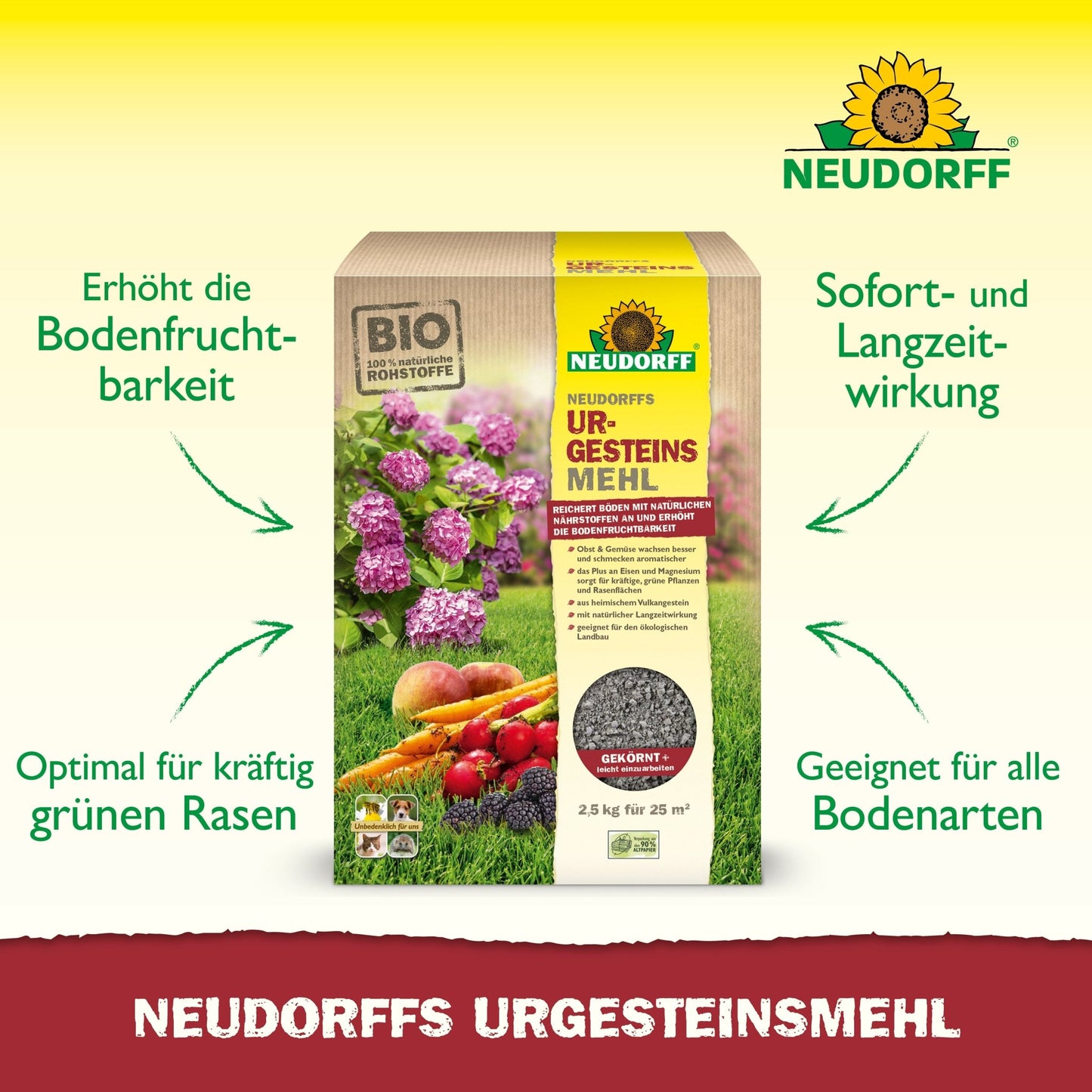 Une boîte de farine de roche de Neudorff du magasin Neudorff se trouve sur une pelouse avec des images de fleurs et de légumes ; des flèches vertes montrent des avantages tels que l'amélioration de la fertilité du sol et la compatibilité avec tout type de sol.