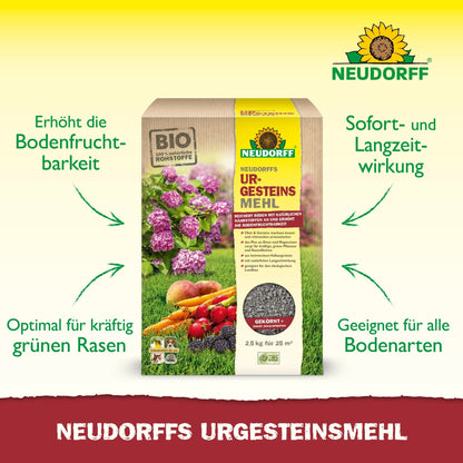 Une boîte de farine de roche de Neudorff du magasin Neudorff se trouve sur une pelouse avec des images de fleurs et de légumes ; des flèches vertes montrent des avantages tels que l'amélioration de la fertilité du sol et la compatibilité avec tout type de sol.