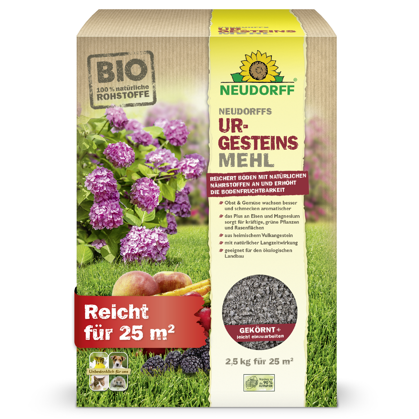 Une boîte de farine de roche de Neudorff du magasin Neudorff est debout et montre des images d'hortensias, de pommes et d'herbe. Le paquet de 2,5 kg couvre 25 m² et est censé améliorer la fertilité du sol.