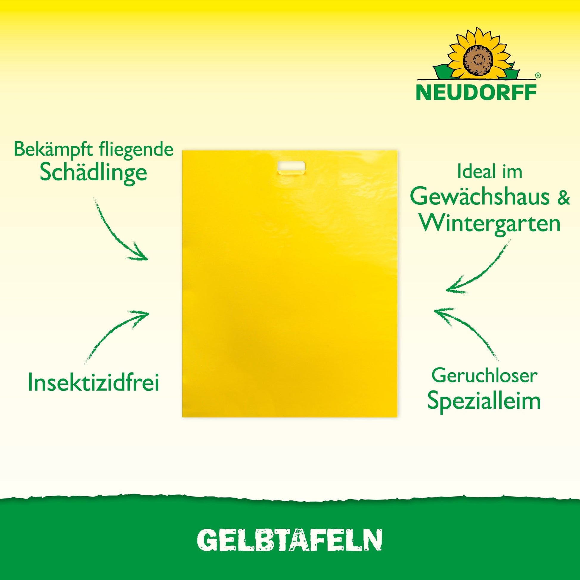 Les plaques jaunes Neudorff Shop (grand format) piège adhésif combattent les ravageurs des plantes sans insecticide, sont idéales pour les serres et les jardins d'hiver, utilisent une colle spéciale inodore et portent le logo Neudorff en haut.