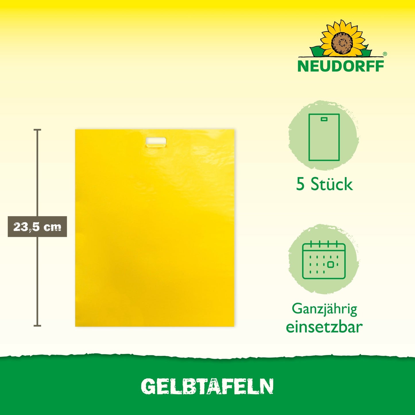 Représentée est une plaque jaune de 23,5 cm (grand format) du Neudorff Shop pour une utilisation en serre. Emballage de 5 pièces, adapté toute l'année. Logo de tournesol en haut à droite; "Plaques jaunes" en bas contre les ravageurs des plantes.