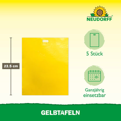 Représentée est une plaque jaune de 23,5 cm (grand format) du Neudorff Shop pour une utilisation en serre. Emballage de 5 pièces, adapté toute l'année. Logo de tournesol en haut à droite; "Plaques jaunes" en bas contre les ravageurs des plantes.
