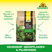 Un sac de NeudoHum Terreau pour plantes vertes & palmiers du magasin Neudorff est debout, avec un branding vert et jaune. Le texte met en avant les avantages pour la croissance des racines et des plantes, la rétention d'eau naturelle et l'adéquation pour les plantes d'intérieur et les palmiers.