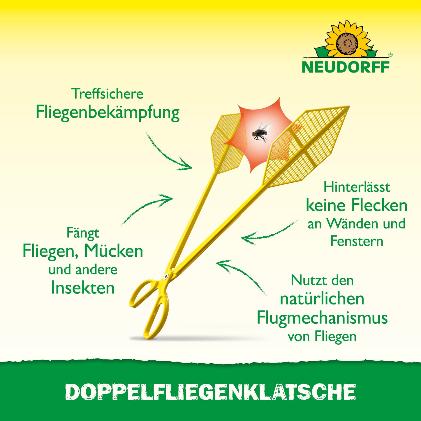 Zwei gelbe Doppelfliegenklatschen aus dem Neudorff Shop kreuzen sich in einem X und treffen eine Fliege in der Mitte. Der deutsche Text erklärt, wie man Fliegen fängt und Insekten ohne Flecken entfernt. Oben ist das Neudorff-Logo abgebildet.