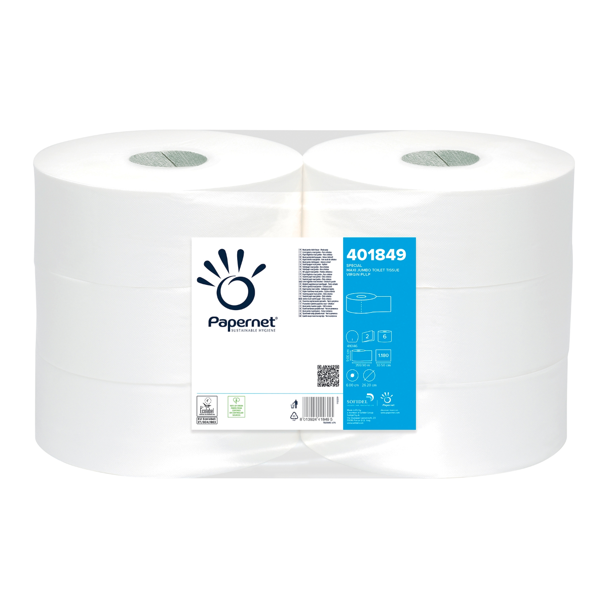 Papernet Maxi, 2 lg pulpe, 360m, Ø rouleau 26,20cm, 1180 feuilles. SPÉCIAL Blanc ECO | Carton (1 paquet)