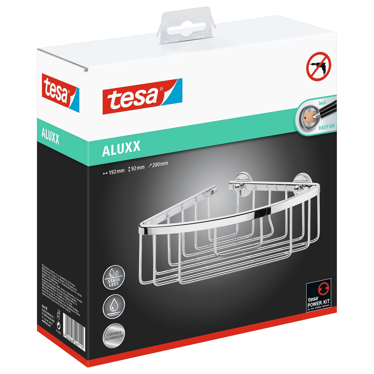 Panier de douche d'angle tesa ALUXX à un étage, en aluminium chromé, avec solution de fixation adhésive