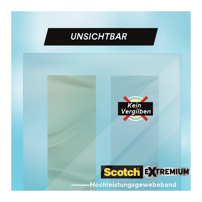 Das Produktetikett für das Scotch® Extremium™ INVISIBLE Hochleistungs-Klebeband (20 m x 48 mm, 1 Rolle) der 3M Deutschland GmbH hat einen blauen Hintergrund, "UNSICHTBAR" am oberen Rand, "Kein Vergilben" und Logos am unteren Rand.