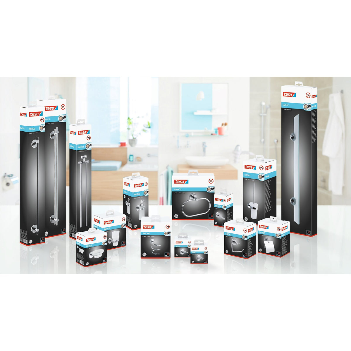 tesa SMOOZ Seifenspender-Set, verchromt, inkl. Klebelösung – Sortiment