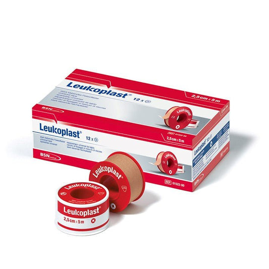 Pansement en rouleau Leukoplast 5 mx 2,5 cm rouge dans un anneau de protection pour plaies | Paquet (12 rouleaux)
