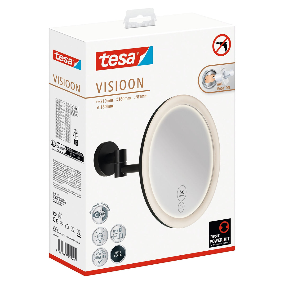 tesa VISIOON LED-Kosmetikspiegel Schwenkarm, selbstklebend, mattschwarz pulverbeschichtetes Metall, mattschwarzer Kunststoff