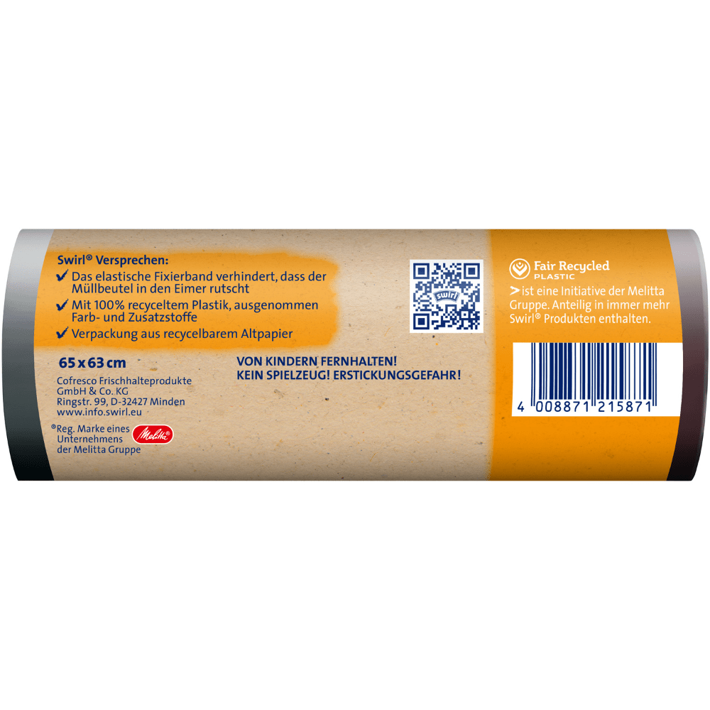 Un gros plan d'une Swirl étiquette de sacs poubelle à bande élastique 35 l Résistant à la déchirure et étanche (10 sacs par rouleau) de Melitta Europa GmbH & Co. KG avec informations produit, détails de recyclage (plastique recyclé), un code-barres et avertissements allemands sur un rouleau cylindrique.