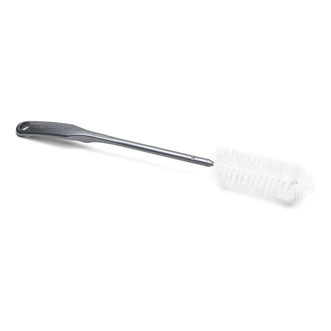 La brosse à bouteille Nölle Profi Brush (460x160x60 mm) de Nölle Profi Brush Bürsten- & Pinseltechnik e.K. a des poils en nylon blancs rigides de forme cylindrique et un manche gris en KS avec un trou de suspension.